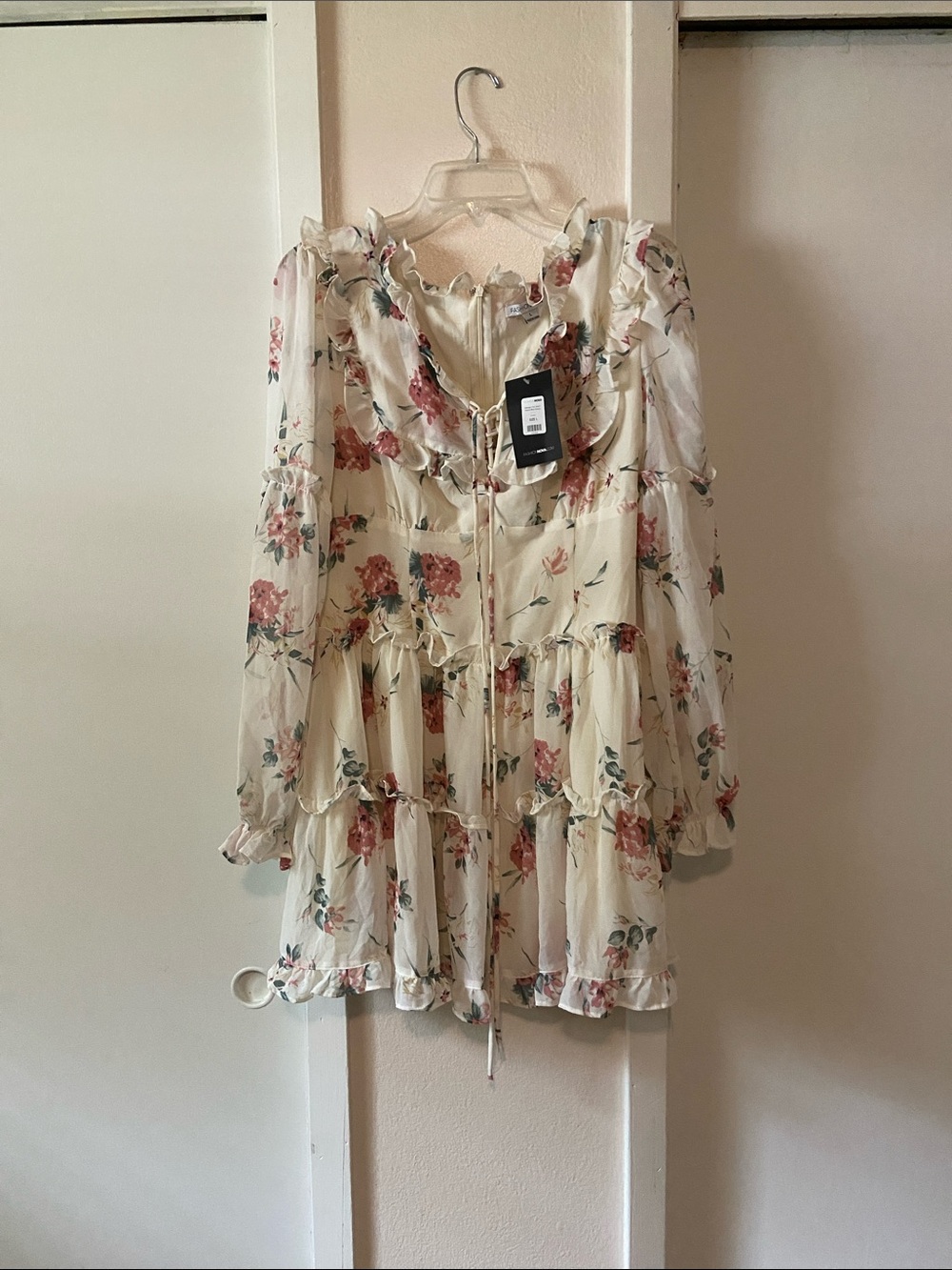 Fashion Nova Cream Floral Ruffle Tiered Long Sleeve Dress